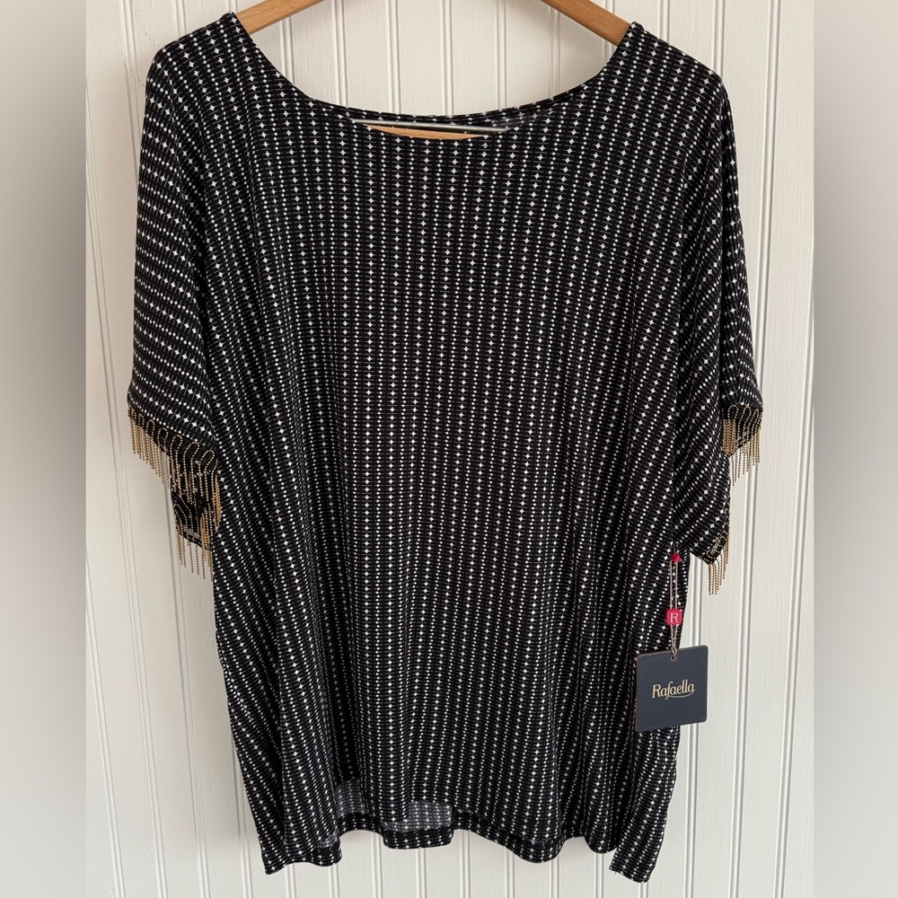 Rafaella Black and White Fringe Top Size Large NWT with beaded fringe sleeves